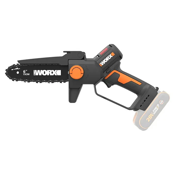 Worx PowerShare 20V Akku-Astsäge WG327E.9 - Li-Ionen, Ohne Akku - Eine schwarz-orange Worx 6-Zoll (15cm) Mini-Kettensäge mit sichtbarem Akku-Schacht.