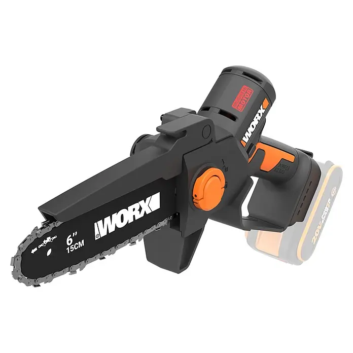 Worx PowerShare 20V Akku-Astsäge WG327E.9 - Li-Ionen, Ohne Akku - Schwarze und orangefarbene kabellose Mini-Kettensäge mit 15-cm-Sägeblatt, bürstenlosem Motor und WORX-Branding, zum Schneiden und Trimmen.