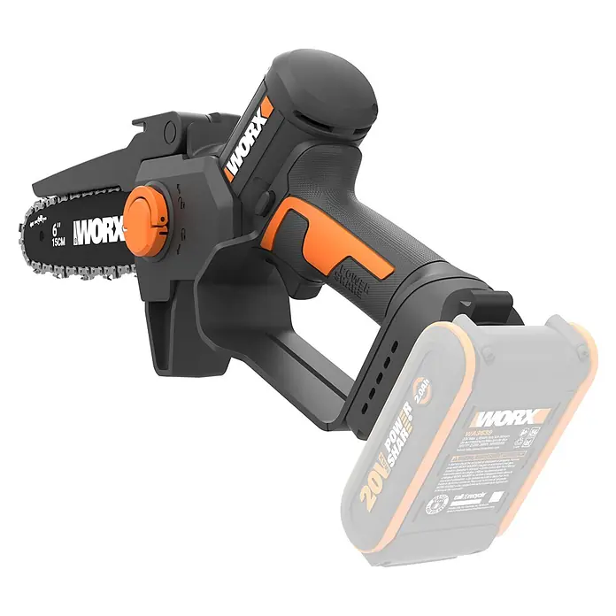 Worx PowerShare 20V Akku-Astsäge WG327E.9 - Li-Ionen, Ohne Akku - Schwarz-orange WORX Mini-Kettensäge mit 15 cm Blatt und teilweise sichtbarem Akku.