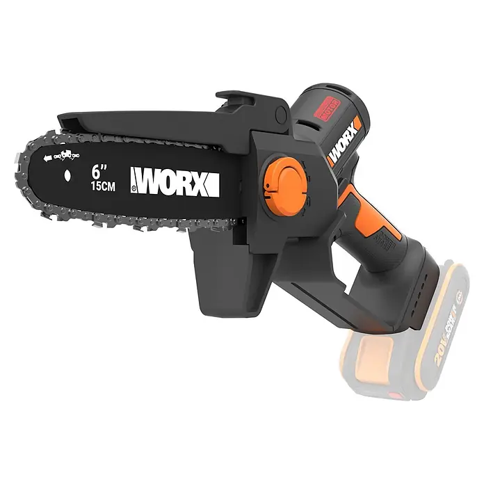 Worx PowerShare 20V Akku-Astsäge WG327E.9 - Li-Ionen, Ohne Akku - Schwarz-orange kabellose Mini-Kettensäge mit 15 cm Sägeblatt.