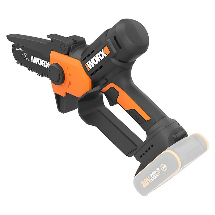 Worx PowerShare 20V Einhand-Akku-Kettensäge WG326E.9 - Ohne Akku, Schwertlänge: 12 cm - Schwarz-orange WORX Mini-Kettensäge mit 12cm Schwert, texturiertem Griff und sichtbarem Akku.