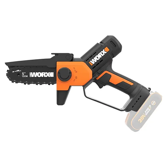 Worx PowerShare 20V Einhand-Akku-Kettensäge WG326E.9 - Ohne Akku, Schwertlänge: 12 cm - Schwarz-orange Worx 5-Zoll Akku-Mini-Kettensäge mit Sicherheitssperre und ergonomischem Griff für leichte Sägearbeiten.