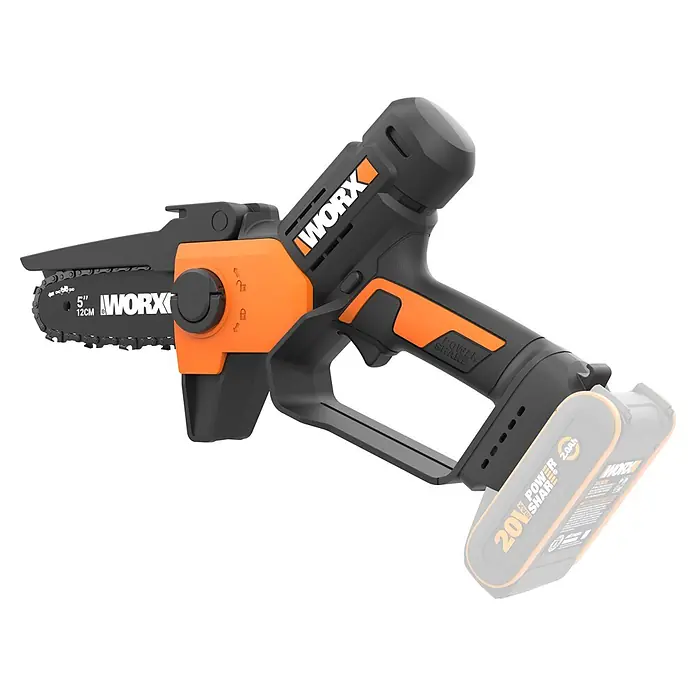 Worx PowerShare 20V Einhand-Akku-Kettensäge WG326E.9 - Ohne Akku, Schwertlänge: 12 cm - Schwarz-orangefarbene kabellose WORX Mini-Kettensäge mit einem 12 cm (5 Zoll) Sägeblatt.