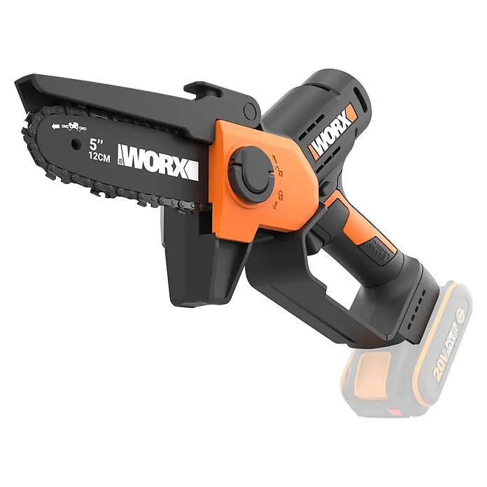 Worx PowerShare 20V Einhand-Akku-Kettensäge WG326E.9 - Ohne Akku, Schwertlänge: 12 cm - Schwarz-orange WORX 5-Zoll Akku-Mini-Kettensäge mit 12 cm Kette.