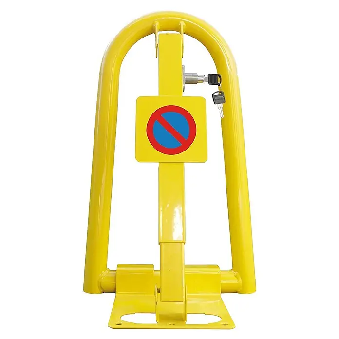 Barrera de seguridad para el parking 5103 - An x Al: 30 x 50 cm, Acero - Barrera de estacionamiento metálica amarilla con señal de 'prohibido aparcar', cerradura y llaves.