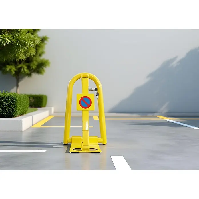 Barrera de seguridad para el parking 5103 - An x Al: 30 x 50 cm, Acero - Barrera de estacionamiento metálica amarilla con señal de "prohibido aparcar", asegurando una plaza.