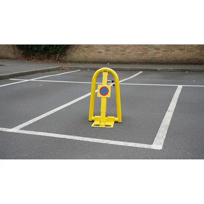 Barrera de seguridad para el parking 5103 - An x Al: 30 x 50 cm, Acero - Barrera de estacionamiento amarilla plegable de metal con señal de "prohibido aparcar" en una plaza.
