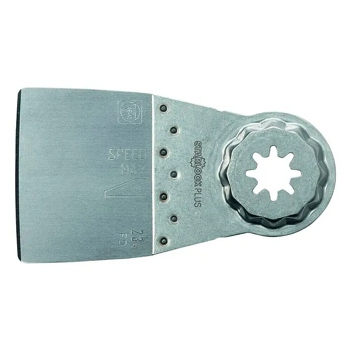 Fein Starlock Plus Spachtel - Lang, 41 x 52 mm - Das Bild zeigt ein oszillierendes Sägeblatt von Fein mit der Starlock Plus Aufnahme, geeignet für schnelle und präzise Schnitte in verschiedenen Materialien.
