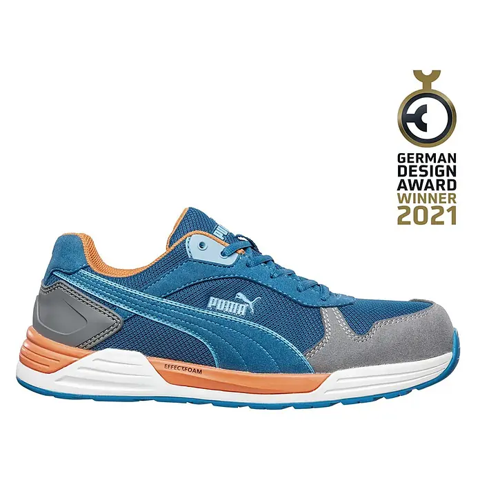 Puma Zapato bajo de seguridad Frontside - 42, Clase de protección según EN ISO 20345: S1P, Azul - Zapato de seguridad Puma azul y naranja, ganador del German Design Award 2021, con puntera gris y amortiguación EFFECT.FOAM.