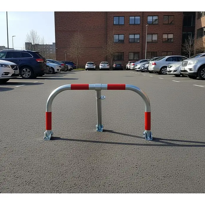 Barrera de seguridad para el parking 5201 - An x Al: 66 x 46 cm, Zincado - Barrera de estacionamiento metálica plateada y roja instalada sobre asfalto en un aparcamiento.