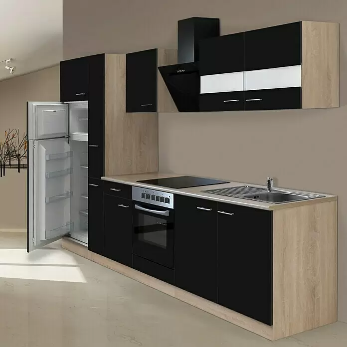 Respekta Composición de cocina Merle - Ancho: 300 cm, Negro, Con electrodomésticos, Volumen horno: 72 l - Conjunto de cocina moderno: armarios negro brillante, paneles efecto madera clara, horno, placa, fregadero, nevera integrados.