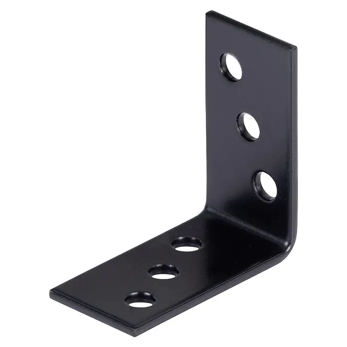 Stabilit Winkelverbinder - L x B x H: 40 x 20 x 40 mm, Stahl, Beschichtet, 100 Stk. - Schwarze L-förmige Metallhalterung mit sechs vorgebohrten Löchern zur Montage und Unterstützung.