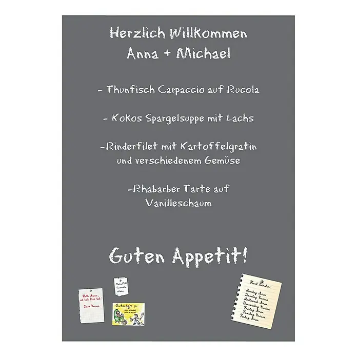 Magnetische Tafelfolie - Grau, 70 x 50 cm, Inkl. 3 Magnete und 3 Stück Kreide - Menütafel mit handgeschriebenen Notizen, die die Speisenfolge und Details für Anna und Michael ankündigen.