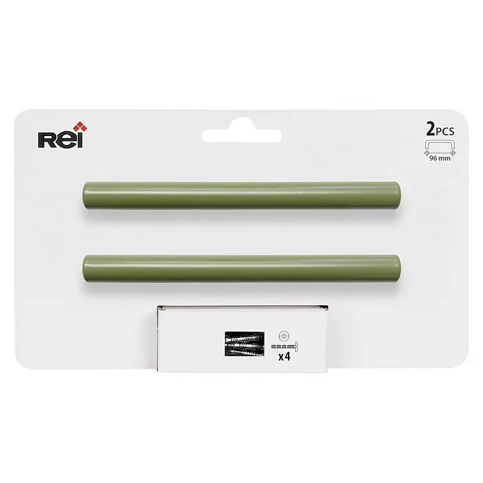 Rei Tirador para muebles - Distancia entre orificios: 96 mm, Acero inoxidable, Oliva, 2 ud. - Dos tiradores cilíndricos verdes de 96mm para muebles con tornillos de montaje.