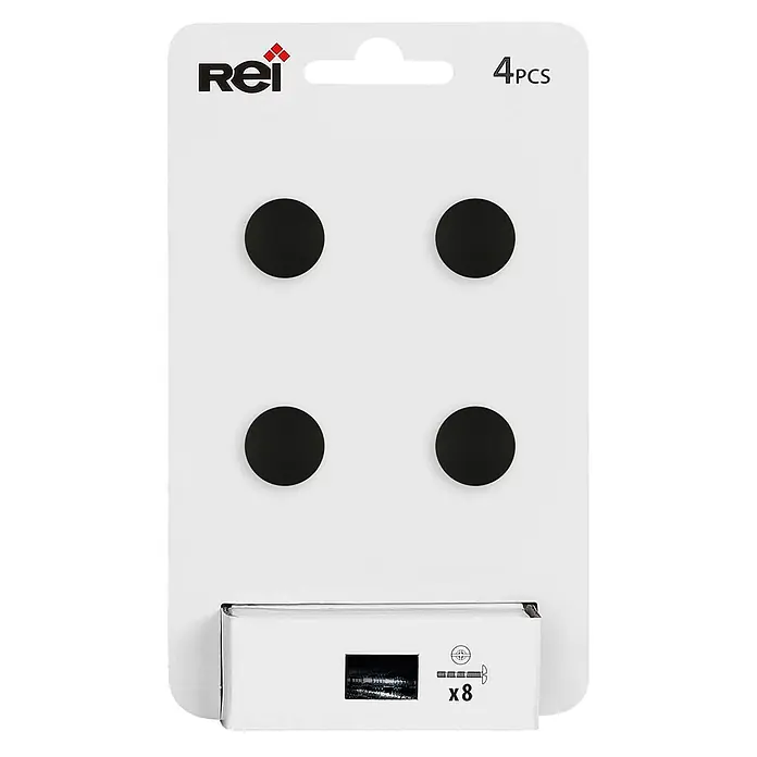 Rei Pomo para muebles - Diámetro: 18 mm, Negro, 4 ud. - Cuatro imanes negros circulares empaquetados en una tarjeta blanca, con una pequeña caja adicional de ocho tornillos.