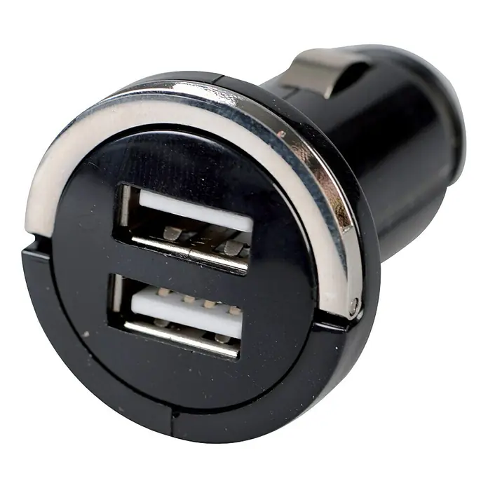 USB-Ladeadapter - 2 USB-Anschlüsse, Eingangsspannung: 12 V - 24 V - Nahaufnahme eines schwarzen USB-Ladegeräts für den Zigarettenanzünder im Auto mit zwei USB-Anschlüssen und silberfarbenen Akzenten.