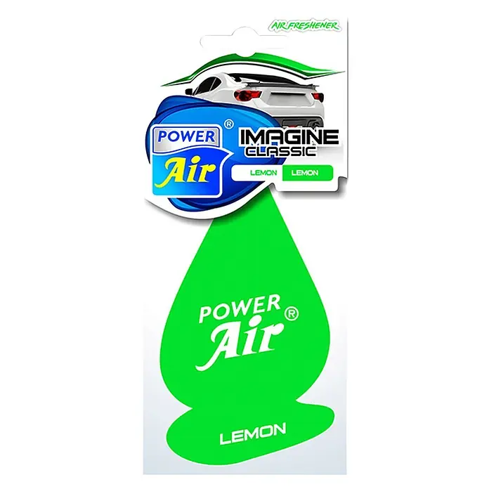 Ambientador de coche Imagine - Limón, Verde, 8 sem. - Ambientador de coche 'Power Air' de limón, verde con forma de hoja y gráfico de coche blanco en el envase.