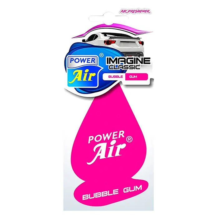 Ambientador de coche Imagine - Bubble Gum, Rosa, 8 sem. - Ambientador de coche Power Air Imagine Classic de chicle, con parte superior azul y blanca con coche estilizado y forma de lágrima rosa debajo.