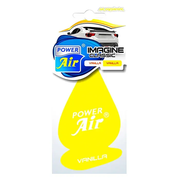 Ambientador de coche Imagine - Vainilla, Amarillo, 8 sem. - Ambientador de coche amarillo en forma de gota con ilustración de coche blanco en embalaje azul, con aroma a vainilla.