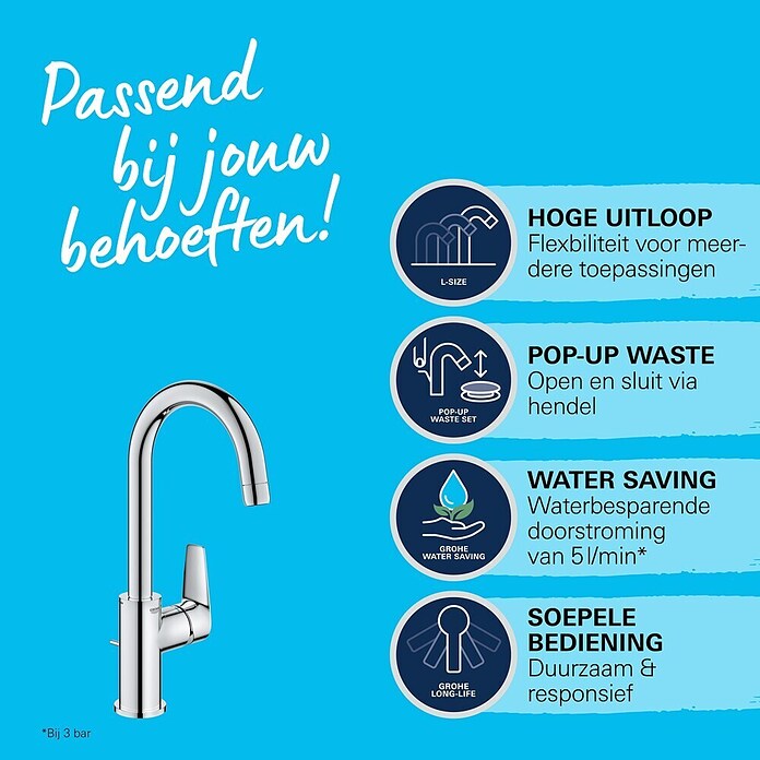 Grohe Start Edge Wastafelkraan Start Edge L-Size (Overstek reikwijdte: 141 mm, Chroom, Glanzend) | BAUHAUS