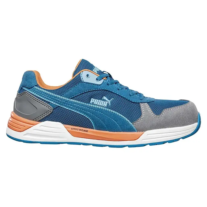 Puma Zapato bajo de seguridad Frontside - 42, Clase de protección según EN ISO 20345: S1P, Azul - Zapatilla Puma azul, naranja y gris con detalles de malla y ante, entresuela blanca y detalle 'EFFECT.FOAM'.