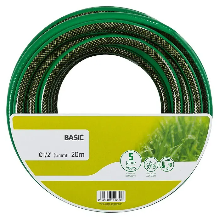 Gartenschlauch Basic - Länge: 20 m, Schlauchdurchmesser: 13 mm - Abbildung einer grünen BASIC Gartenschlauchrolle mit den Maßen Ø1/2" (13mm) - 20m und einer 5-Jahres-Garantie.