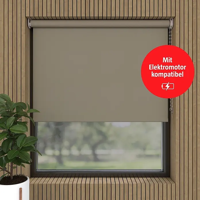 Verdunkelungsrollo - B x H: 130 x 190 cm, Twill, 100 % Polyester - Beigegraues Stoffrollo im Fenster, mit Elektromotor kompatibel.