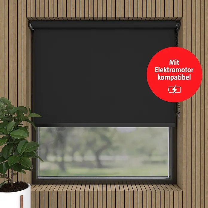 Verdunkelungsrollo Luxus - B x H: 200 x 190 cm, Schwarz - Schwarzes Rollo am Fenster, kompatibel mit Elektromotor.