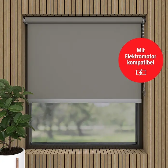 Verdunkelungsrollo Luxus - B x H: 200 x 190 cm, Grau - Graues Rollo, teilweise am Fenster heruntergelassen, kompatibel mit Elektromotor.