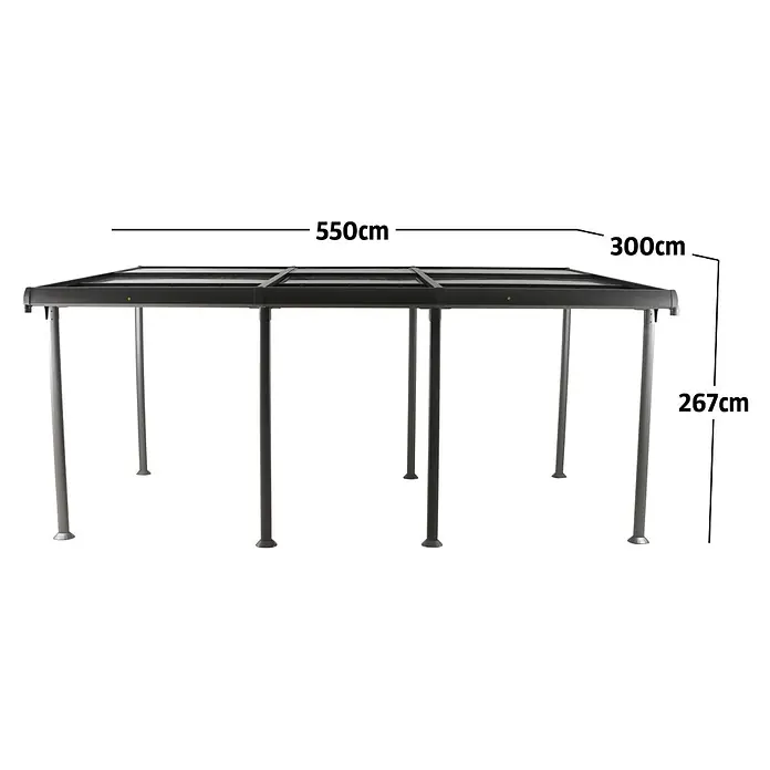Sunfun Anstellpavillon Sera XL Cabrio - B x T: 550 x 300 cm, Farbe Gestell: Anthrazit, Aluminium - Dunkelgraue Outdoor-Pergola mit transluzentem Dach, 550 cm breit, 300 cm tief und 267 cm hoch.