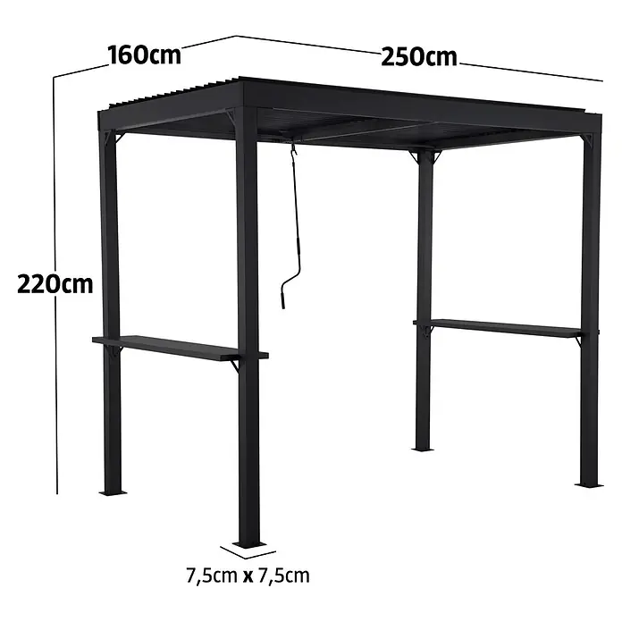 Sunfun Melina Grillpavillon - B x T: 250 x 160 cm, Farbe Gestell: Schwarz, Aluminium - Schwarze Metallpergola mit verstellbarem Lamellendach, zwei Beistelltischen und Maßen von 250x160x220cm. Säulen 7,5x7,5cm.