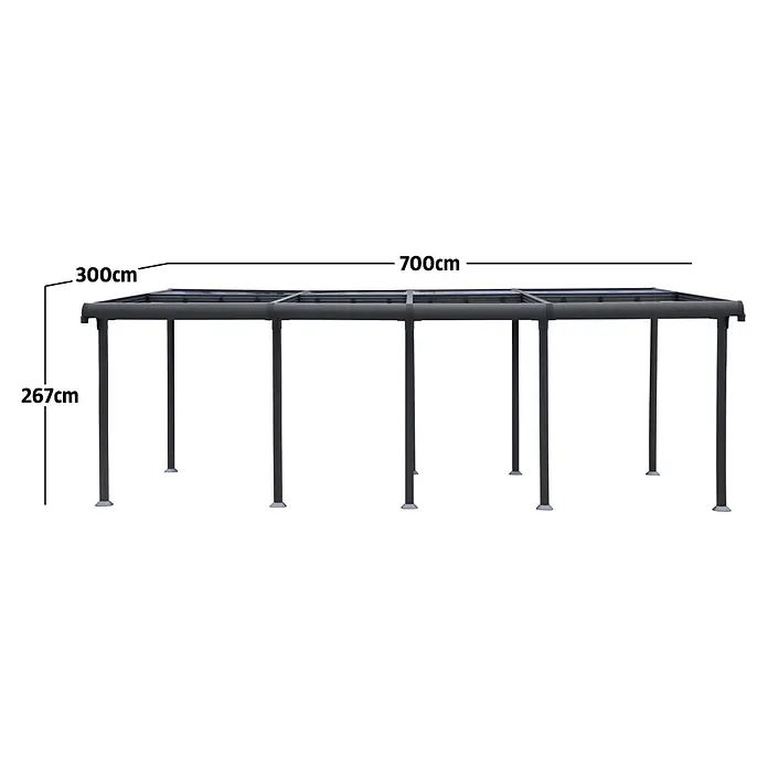Sunfun Anstellpavillon Sera Cabrio XXL - B x T: 700 x 300 cm, Farbe Gestell: Anthrazit, Aluminium - Dunkelgraue Pergola-Struktur mit Flachdach, Maße 700x300x267cm (LxBxH).