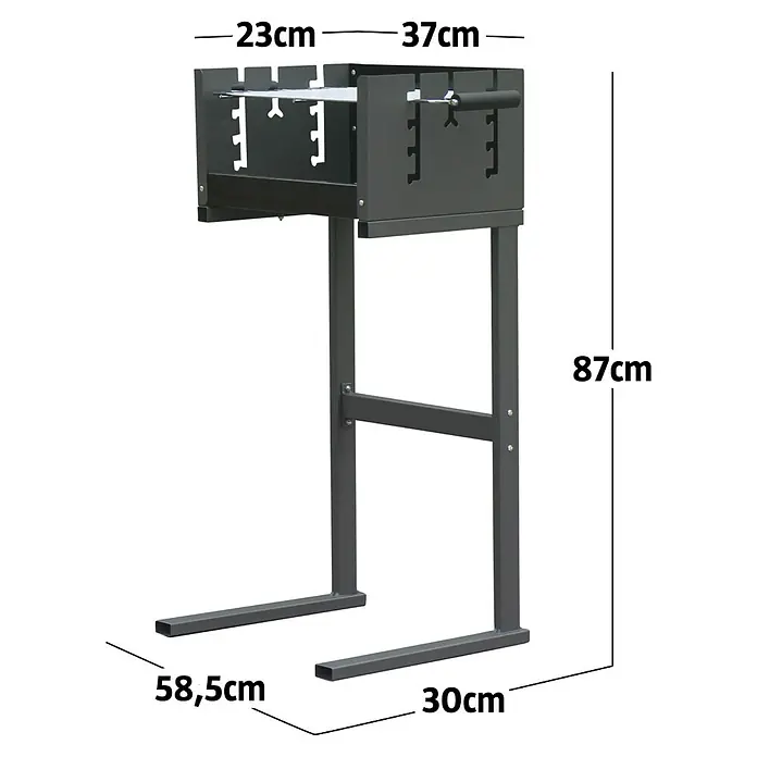 Grillstar Holzkohlegrill BBQ Box - Grillfläche (B x T): 37 x 23 cm, Schwarz - Dunkelgrauer Metall-Standgrill mit markierten Maßen.