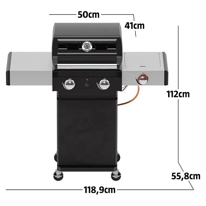 Grillstar Gasgrill Powerburner 250-1 - Grillfläche (B x T): 50 x 41 cm, 5,86 kW, Anzahl Brenner: 2 - Schwarzer und silberner Gasgrill mit zwei Seitenablagen und Maßen.