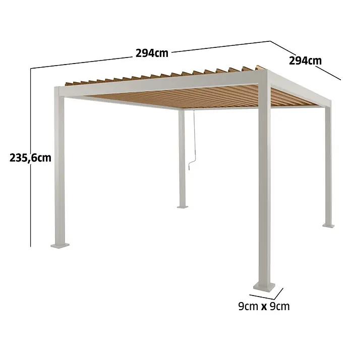 Sunfun Milos Pergola - B x T: 294 x 294 cm, Farbe Gestell: Light-Greige, Aluminium - Weiße Metall-Pergola mit verstellbarem Holzlamellendach, 294x294x235,6cm. Pfosten: 9x9cm.