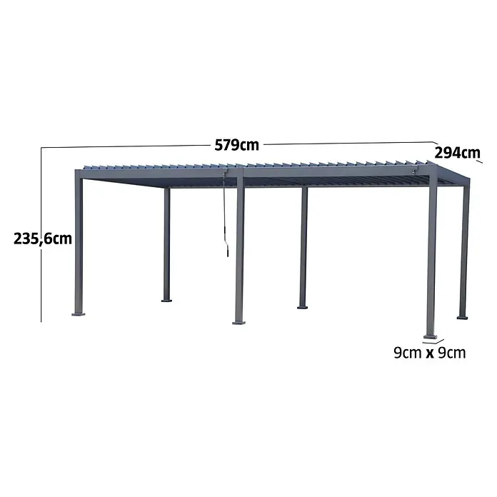 Sunfun Milos Pergola - B x T: 579 x 294 cm, Farbe Gestell: Night-Grey, Aluminium - Graue Aluminium-Pergola mit verstellbarem Lamellendach. Maße: L 579cm, B 294cm, H 235,6cm, Pfosten 9x9cm.