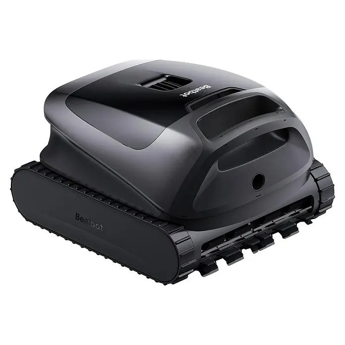 Beatbot Poolroboter Sora P3 - Akkubetrieben, Pools bis 300 m² Grundfläche, 25.700 l/h - Eleganter schwarzer Poolreinigungsroboter mit Raupenketten für effiziente Poolreinigung.