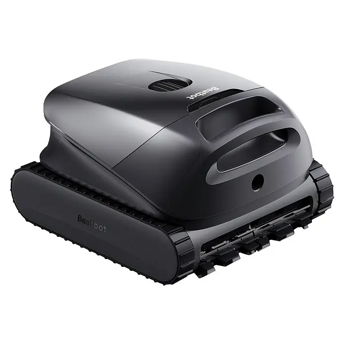 Beatbot Poolroboter Sora P1 - Akkubetrieben, Pools bis 240 m² Grundfläche, 25.700 l/h - Eleganter, dunkelgrauer Poolreinigungsroboter mit robusten Raupen und ergonomischen Griffen.
