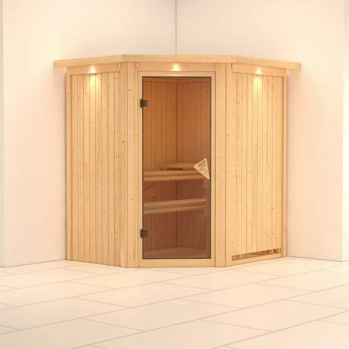 Karibu Elementsauna Taurin - Ohne Ofen, Mit Dachkranz und Beleuchtung, L x B x H: 184 x 165 x 192 cm - Moderne Ecksauna mit Glastür und Holzverkleidung, ideal für Entspannung. Die integrierte Beleuchtung sorgt für eine angenehme Atmosphäre.