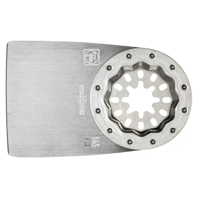 Fein Starlock Spachtel - Flexibel - Das Bild zeigt ein FEIN Starlock E-Cut Sägeblatt aus Metall für oszillierende Elektrowerkzeuge mit "Starlock"-Aufnahme.
