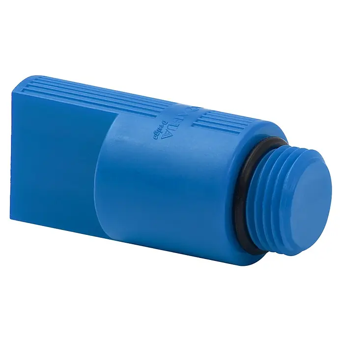 Tecnoagua Tapón PP para alicatado - ½″, Diámetro: 28 mm, Azul - Conector de tubo de plástico azul con entrada rectangular y salida cilíndrica roscada con junta tórica.
