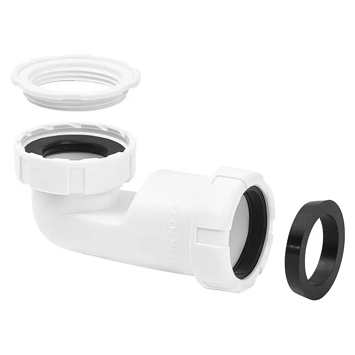 Tecnoagua Codo sifón espacios reducidos - 40 mm, 1 ½″, Blanco - Codo de fontanería de plástico blanco (componente de sifón) con tuerca y juntas negras separadas.