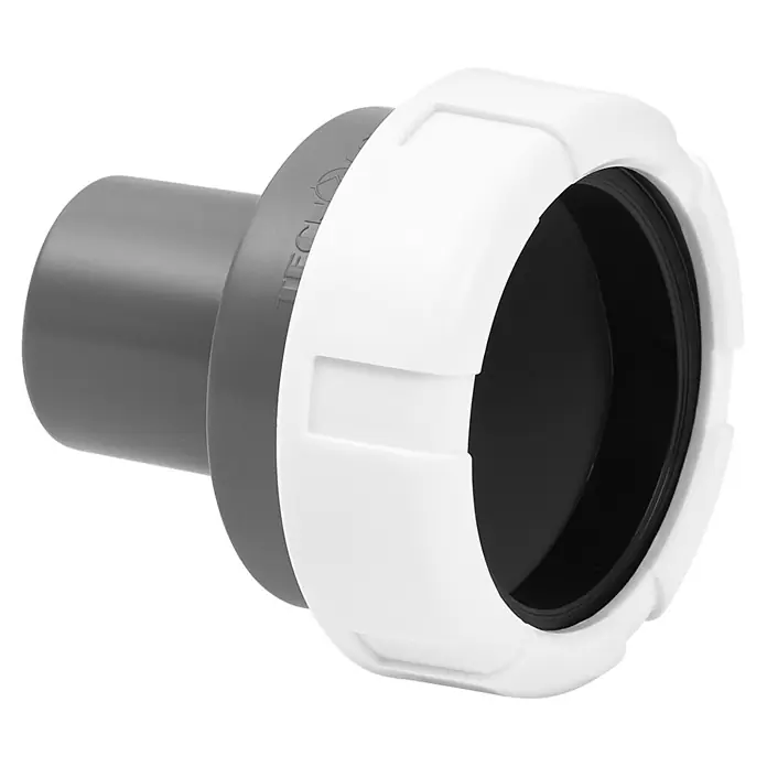 Tecnoagua Manguito de unión para tubos de PVC a tubos lisos - 32 mm, 1 ½″, PVC - Reductor de tubería de PVC gris con tuerca de compresión blanca y anillo de sellado negro.