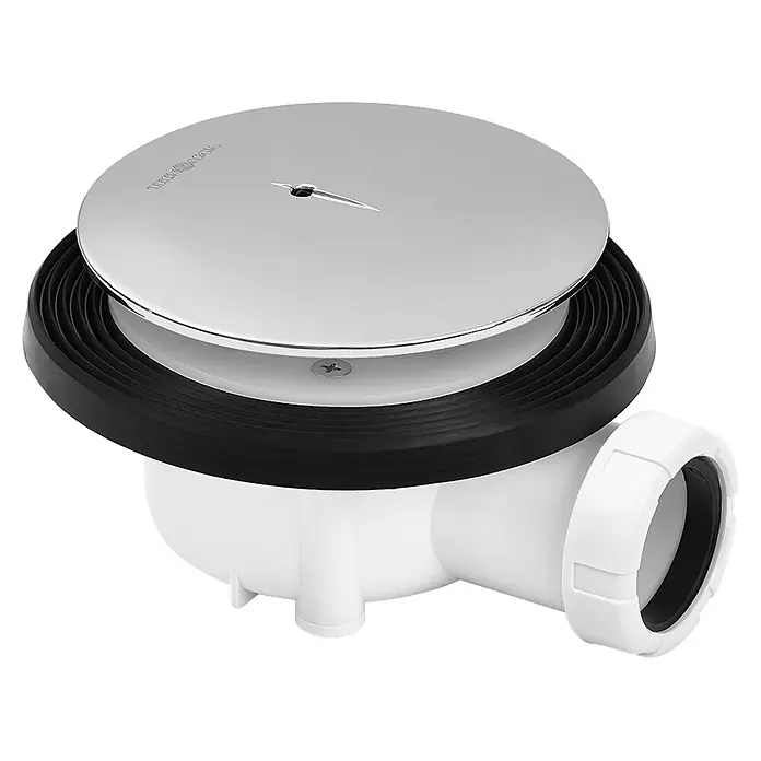 Tecnoagua Válvula sifónica para ducha baja gran caudal con tornillos - 115 mm, 1 ½″ - Desagüe de ducha cromado con junta de goma negra y cuerpo de plástico blanco para un drenaje eficiente.