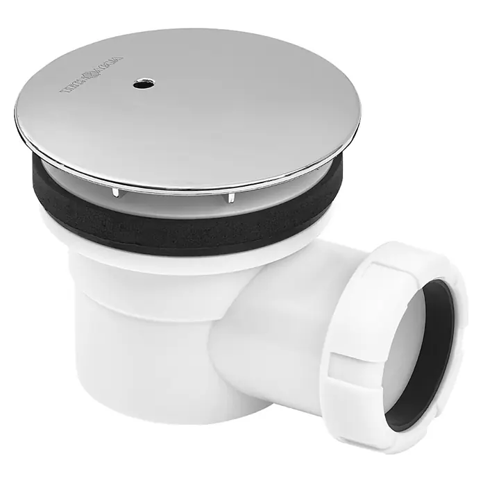 Tecnoagua Válvula sifónica para ducha gran caudal - 90 mm, 1 ½″ - Desagüe de ducha de plástico blanco con tapa metálica cromada y junta negra para un drenaje eficiente.