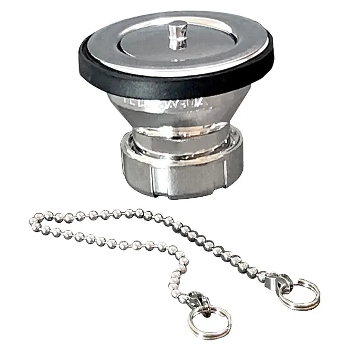 Tecnoagua Válvula de desagüe - 1 ½″, Cromo, Equipamiento: Tapón de válvula - Tapón de fregadero cromado con junta de goma negra y cadena de bolas metálica.