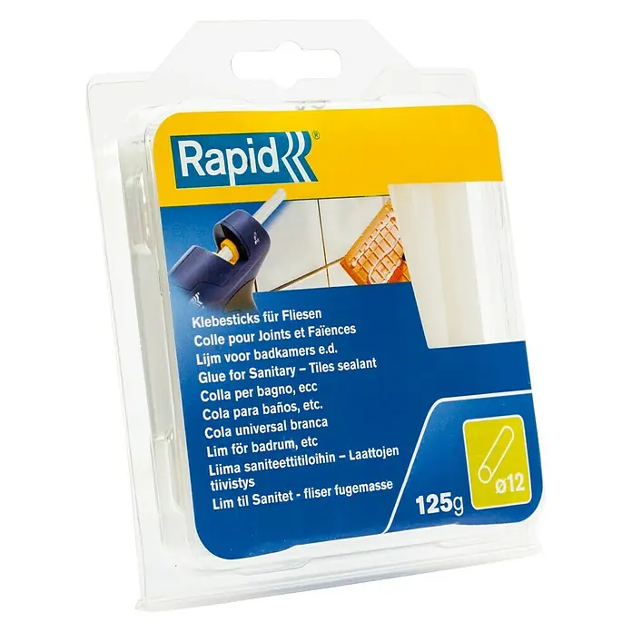Rapid Klebepatronen - Geeignet für: Sanitär, 12 mm, Weiß - Rapid Klebesticks für Fliesen und Sanitäranwendungen, 125g Packung mit Ø12mm Stiften, ideal zum Abdichten und Verkleben von Fliesen und Fugen.