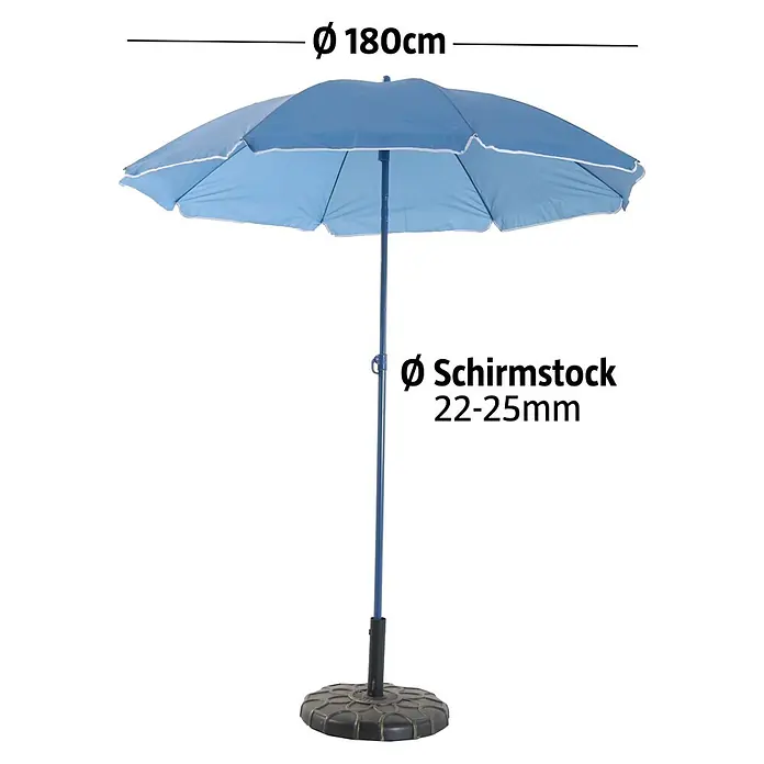 Sunfun Strandschirm - Blau, Durchmesser Bespannung: 180 cm - Hellblauer Sonnenschirm mit weißem Saum, 180cm Durchmesser und 22-25mm Schirmstock, auf dunklem Standfuß.