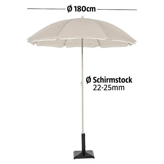 Sunfun Strandschirm - Taupe, Durchmesser Bespannung: 180 cm - Beiger Sonnenschirm mit 180cm Durchmesser und einem Stockdurchmesser von 22-25mm, auf schwarzem Standfuß.