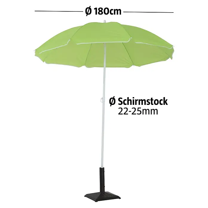 Sunfun Strandschirm - Grün, Durchmesser Bespannung: 180 cm - Grüner Sonnenschirm mit 180cm Durchmesser und weißem Stock (22-25mm Durchmesser), auf schwarzem Ständer.